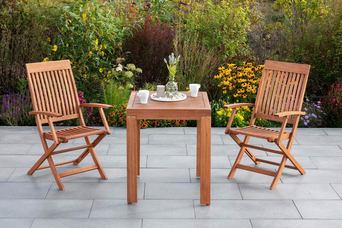 Gartentischgruppe Comodoro 3 -Teilig. Naturfarben - Eukalyptusholzfarben, KONVENTIONELL, Holz - Gardenson