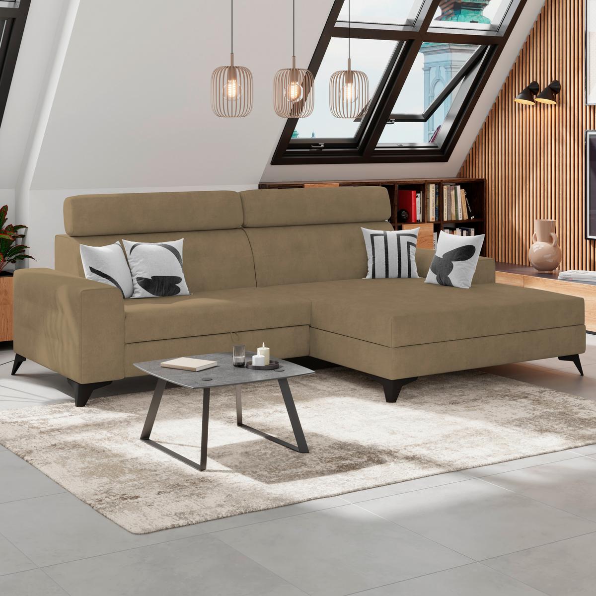 Ecksofa Mit Schlaffunktion & Bettkasten Florida Beige - Beige/Schwarz, MODERN, Holz/Holzwerkstoff (275/175cm)