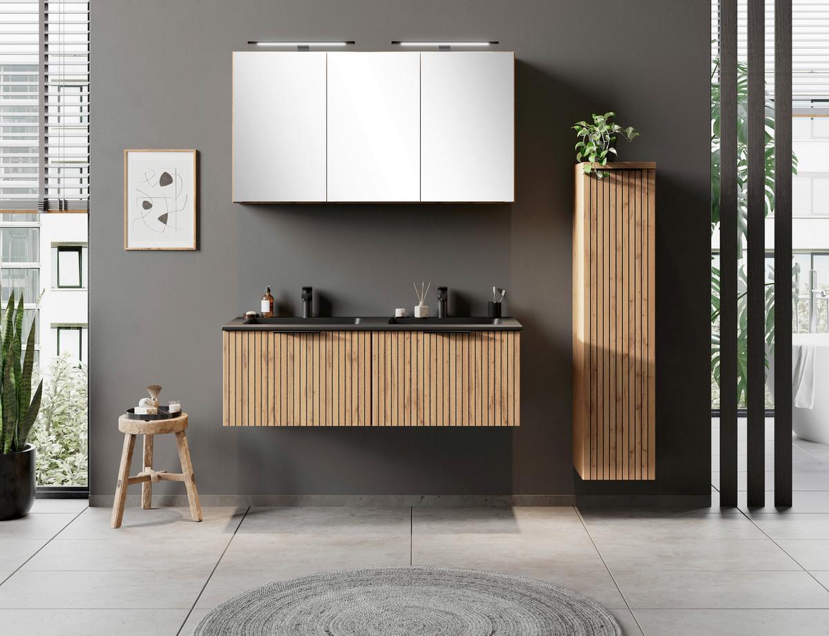 Waschbecken mit Unterschrank Chester B: 120 cm - Eiche Wotan/Schwarz, MODERN, Holzwerkstoff/Stein (120cm) - Held
