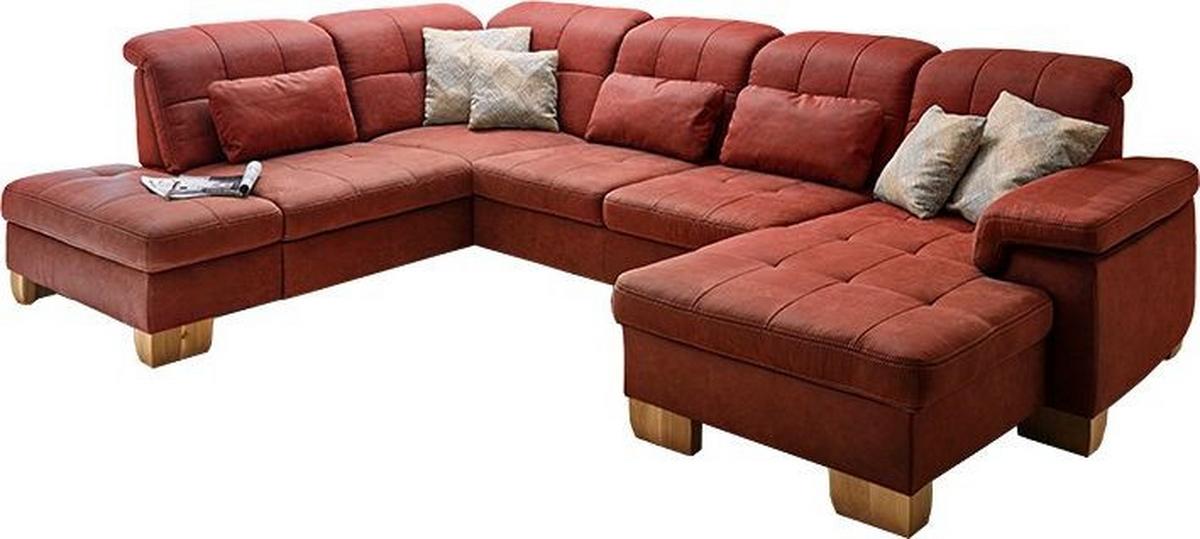 Sedací souprava U ELLA, levá, cihlová, s funkcemi - divoký dub/terracotta, Moderní, dřevo/textil (243/341/185cm)