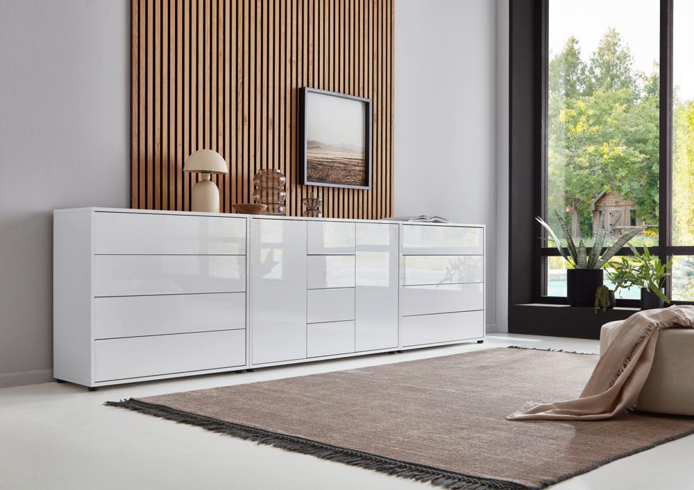 Sideboard Mailand 12 B: 263,5 cm Weiß - Weiß Hochglanz/Schwarz, MODERN, Holzwerkstoff (263,5/73/33cm) - MID.YOU
