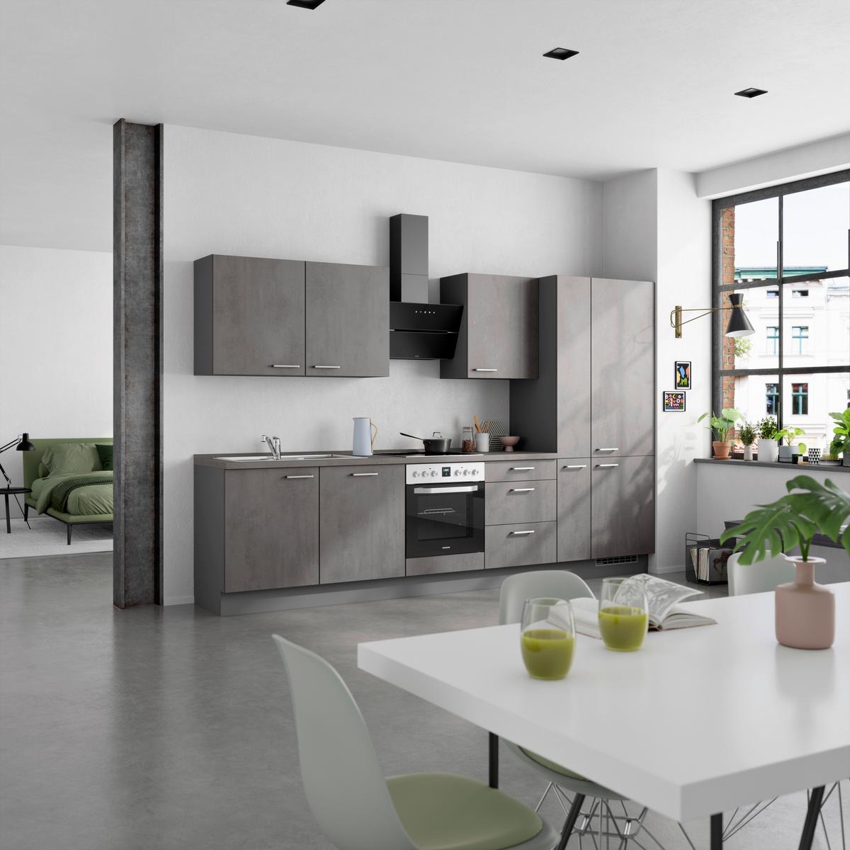 Kuchynská linka 330 cm, bridl.šedý betón/bridl.šedá - farba ušľachtilej ocele/bridlicová, Modern, kov/kompozitné drevo (330cm) - Nobilia