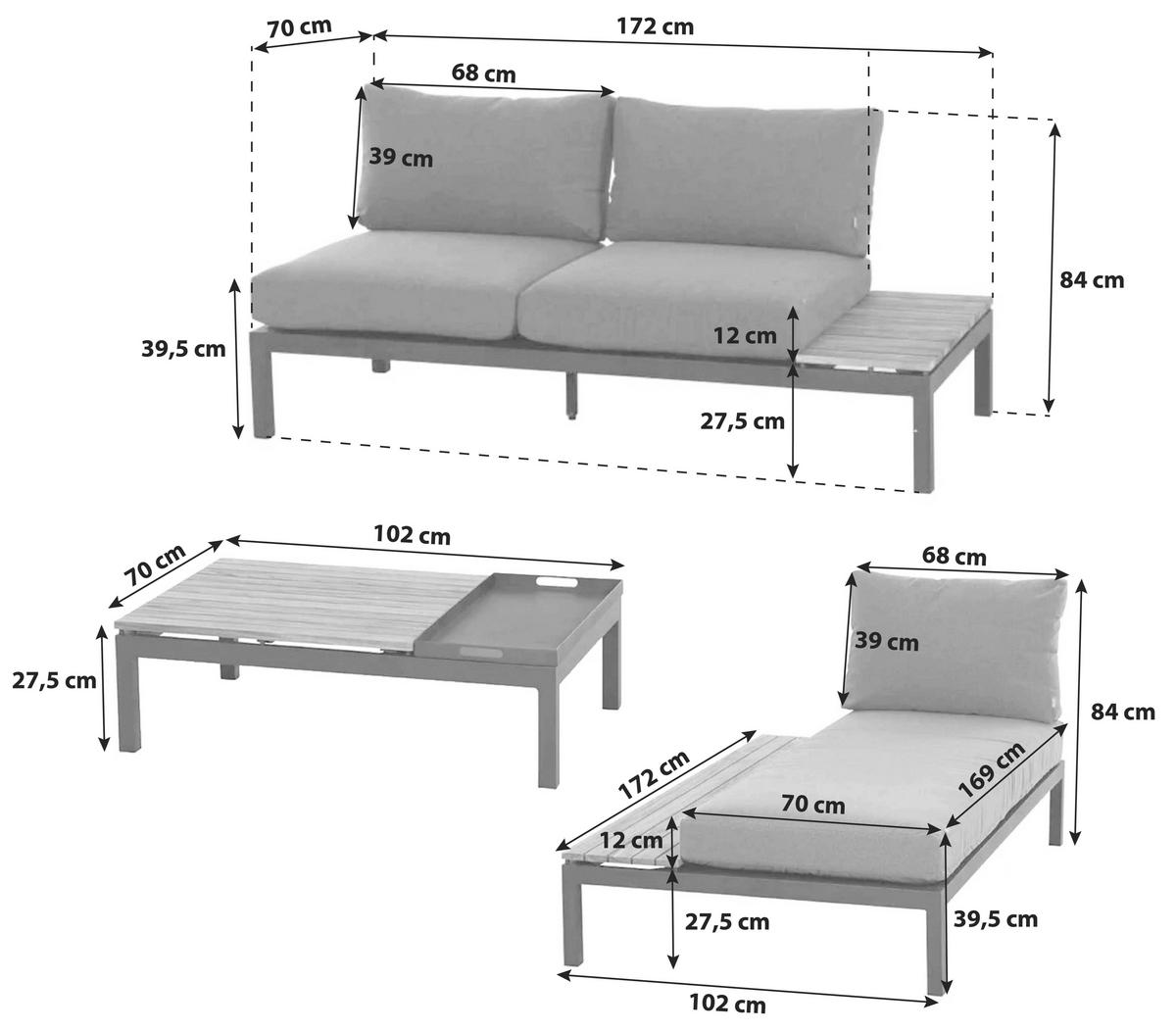 Loungegarnitur 3-tlg Teakholz/metall Mit Kissen - Anthrazit/Grau, KONVENTIONELL, Holz/Textil (172/84/102cm) - Siena Garden