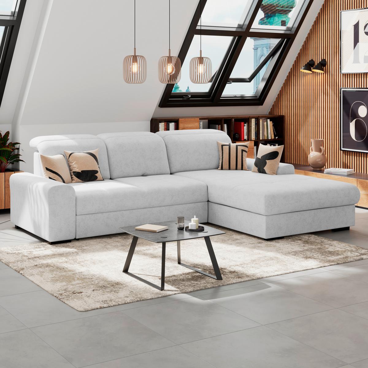 Ecksofa mit Bettfunktion Malaga new Chenille silber - Silberfarben/Schwarz, KONVENTIONELL, Textil (286/203cm) - Ondega