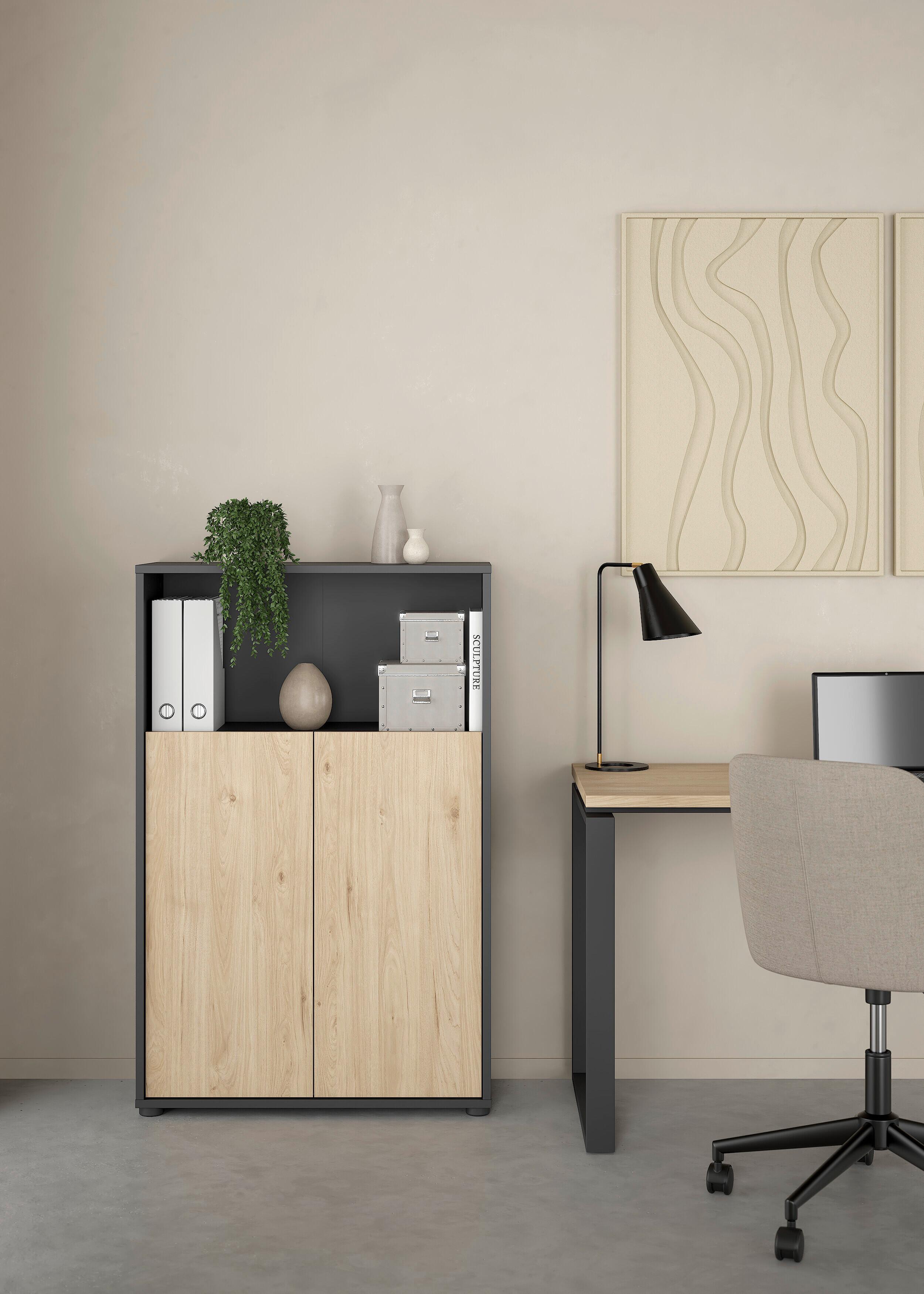 Highboard Sign Grau/Eichefarben, L: 79,6 cm - Eichefarben/Schwarz, MODERN, Holzwerkstoff (79,6/34,3/123,6cm) - MID.YOU