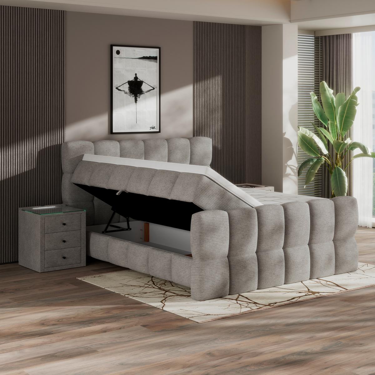 Boxspringbett Brisbane inkl. Bettkasten 160x200 - Ecru/Schwarz, Trend, Holz/Holzwerkstoff (160/200cm) - Sembella