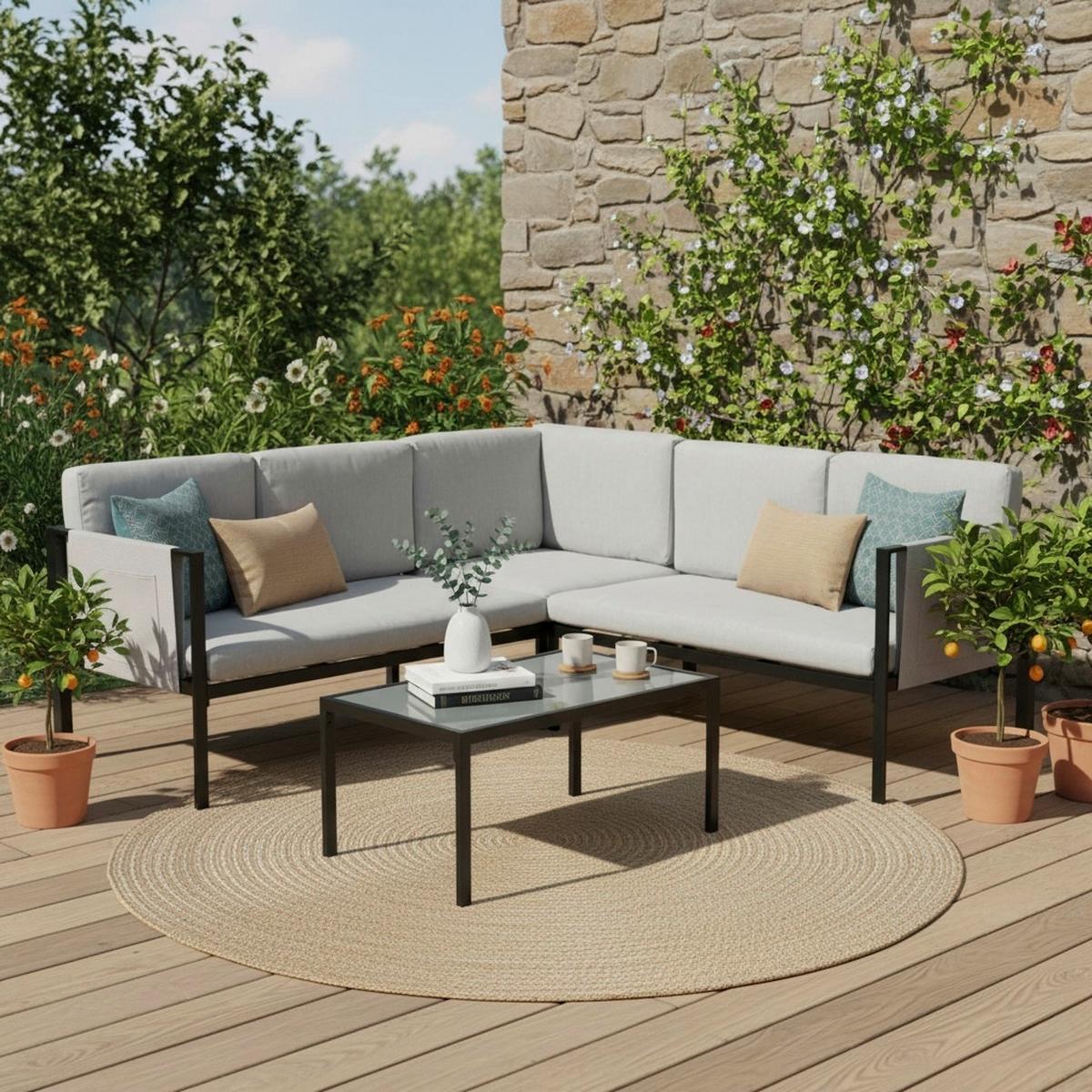 Loungegarnitur Kos - Anthrazit/Grau, MODERN, Textil/Metall - Gardenson