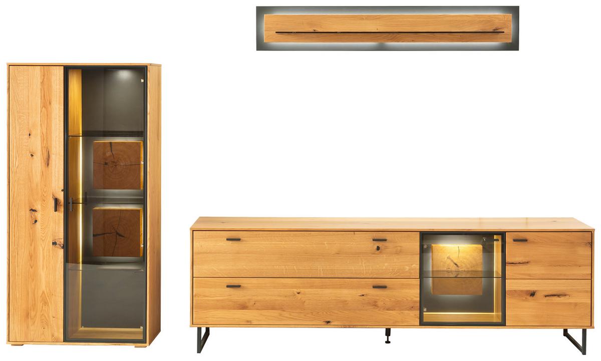 Wohnkombination Wildeiche Dekor Assini 3 -Teilig Wildeiche - Wildeiche/Schwarz, Design, Glas/Holz (306/188/50cm) - MID.YOU