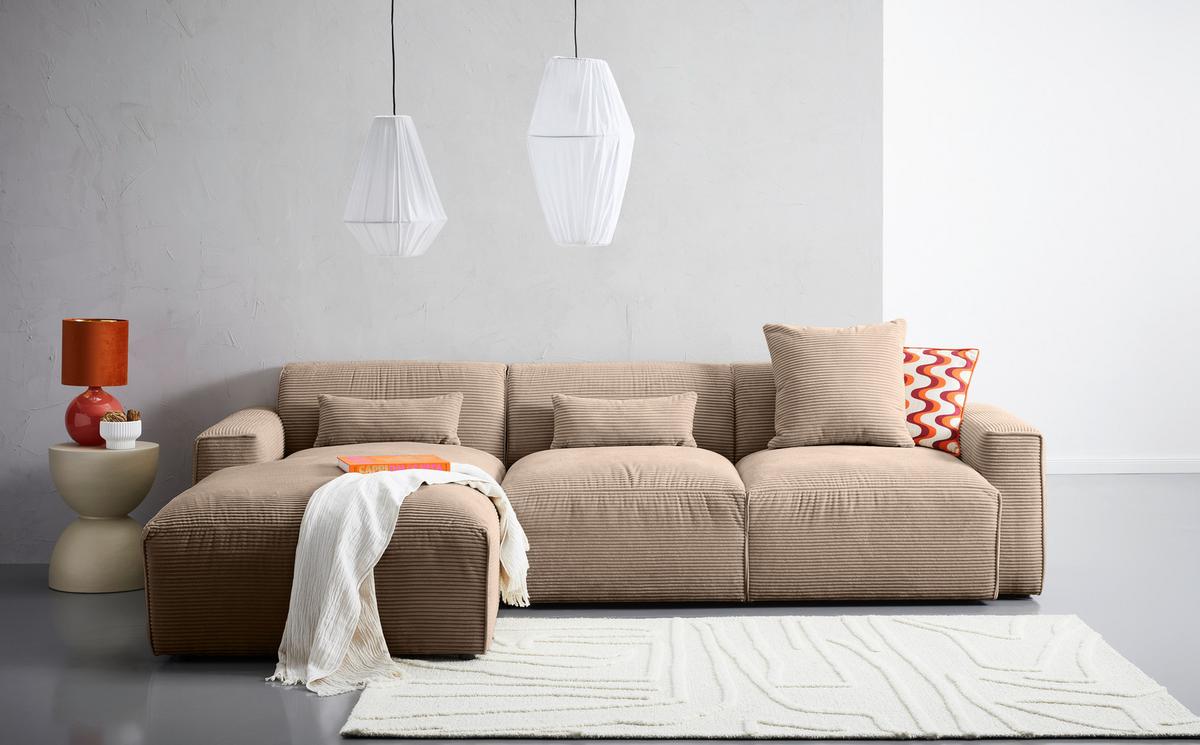 Ecksofa Pearl - Hellbraun/Schwarz, Design, Textil (196/303cm) - Livetastic