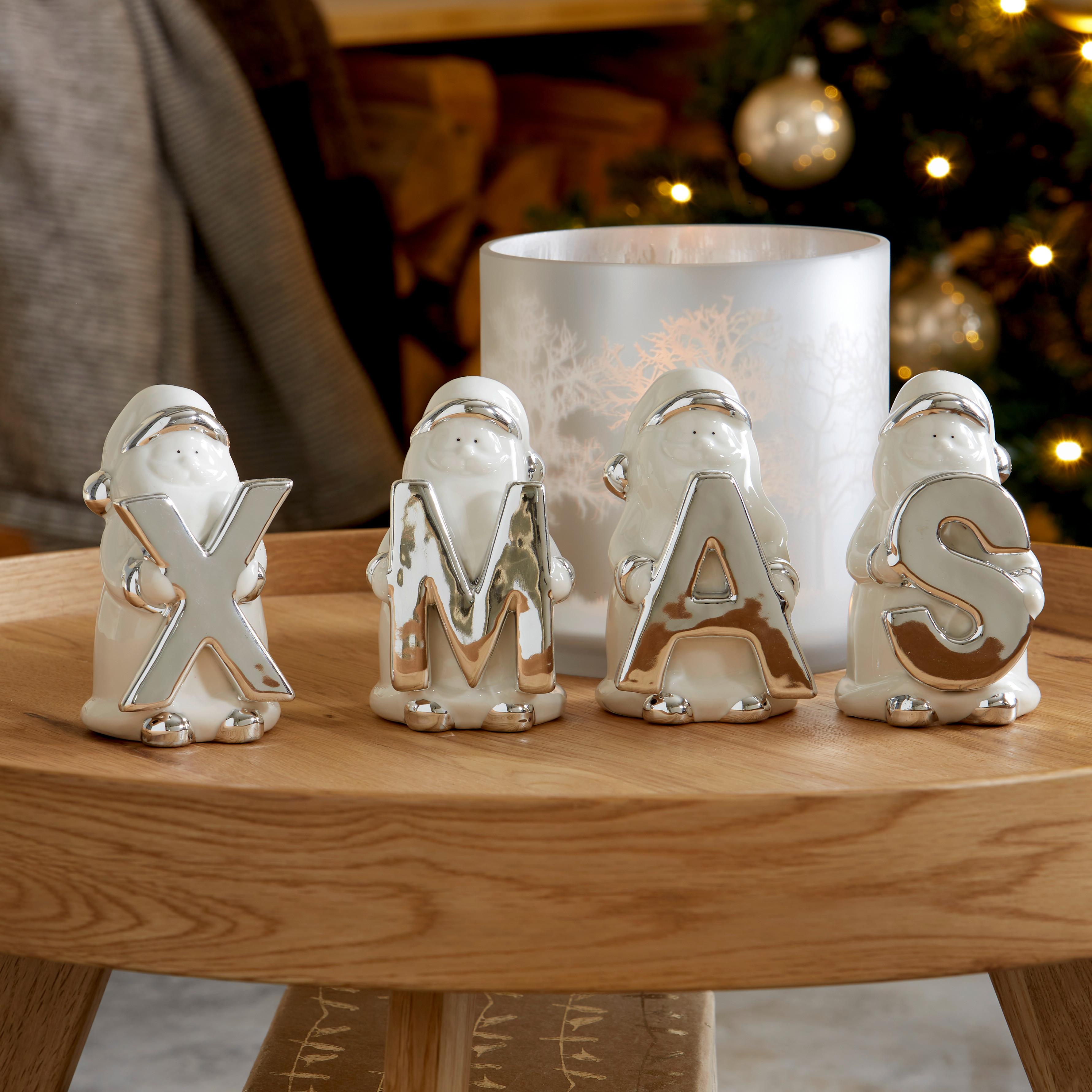 Dekor Felirat Xmas - ezüstszínű/fehér, Basics, kerámia (7/11,5/6,5cm) - Ondega