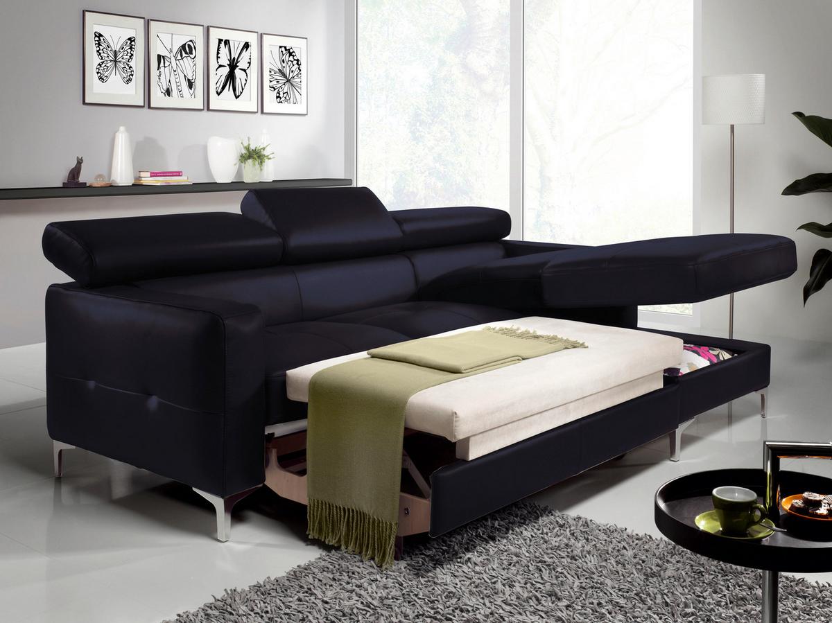 Ecksofa Mit Schlaffunktion Sammy Schwarz - Chromfarben/Schwarz, Design, Leder (227/168cm) - Livetastic