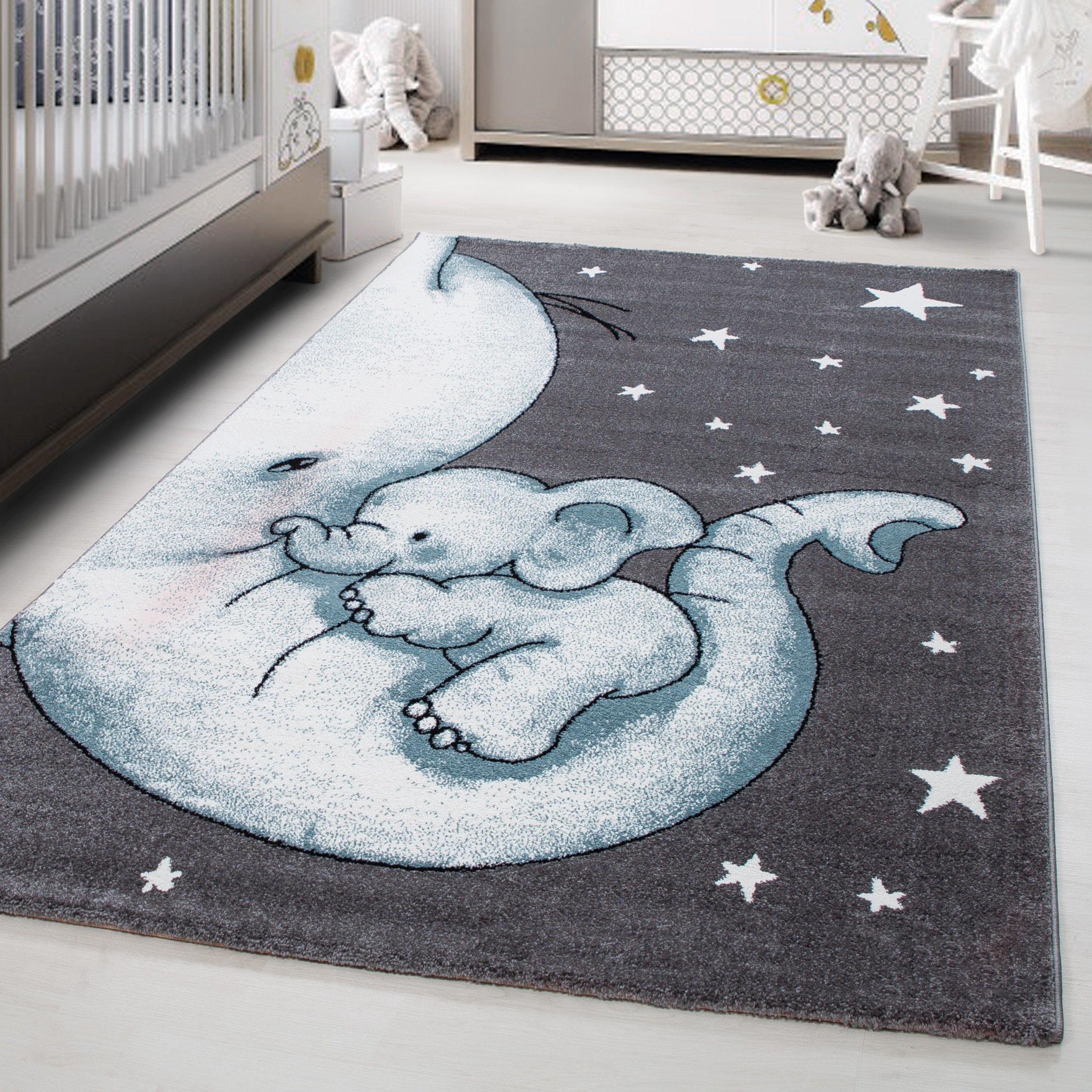 Kinderteppich Elefant Blau/Grau/Weiß Kids 80x150 cm - Blau/Weiß, Trend, Textil (80/150cm)