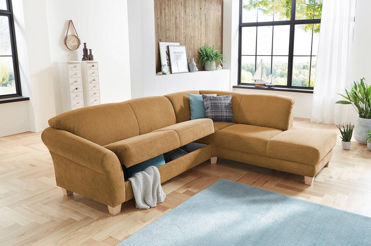 Ecksofa Gotland senfgelb mit Bettkasten, 257x212 cm - Senfgelb/Naturfarben, KONVENTIONELL, Textil (257/212cm) - Sit & More