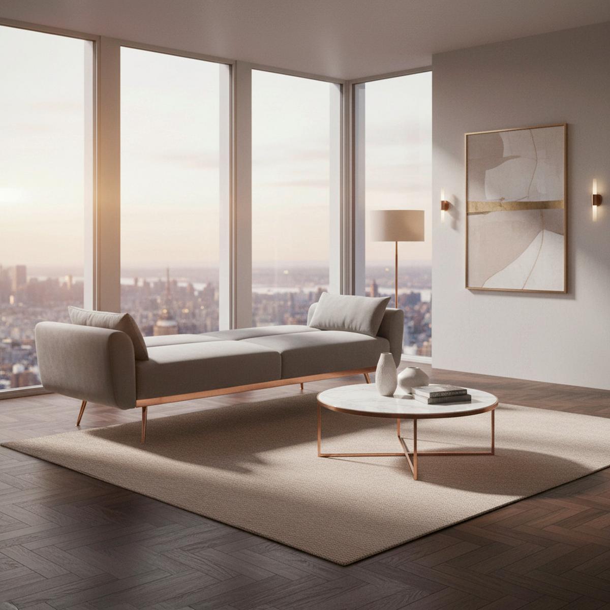 Rozkládací pohovka s polštáři GUILIA, šedá - šedá/měděné barvy, Moderní, kov/dřevo (211/85/83cm) - Modern Living