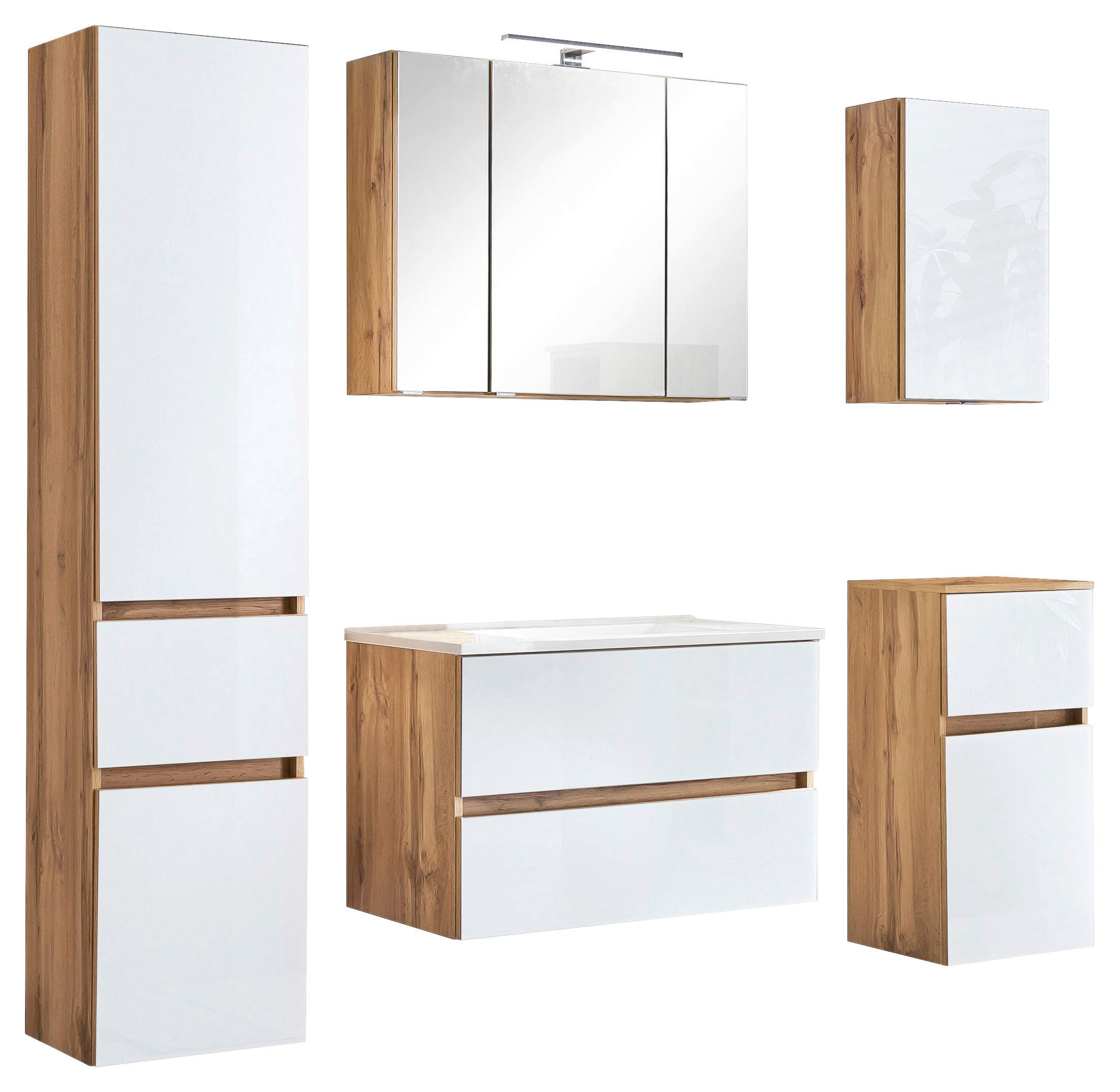 Badmöbel-Set 6-Tlg. inkl. LED Helsinki, Weiß/Eiche - Eichefarben/Weiß, KONVENTIONELL, Glas/Holzwerkstoff (160cm) - Held