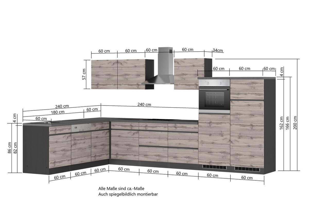Eckküche Turin Mit Geräten 240x360 Cm Grau/eiche Dekor - Eiche Wotan/Grau, Design, Holzwerkstoff (240/360cm) - Held