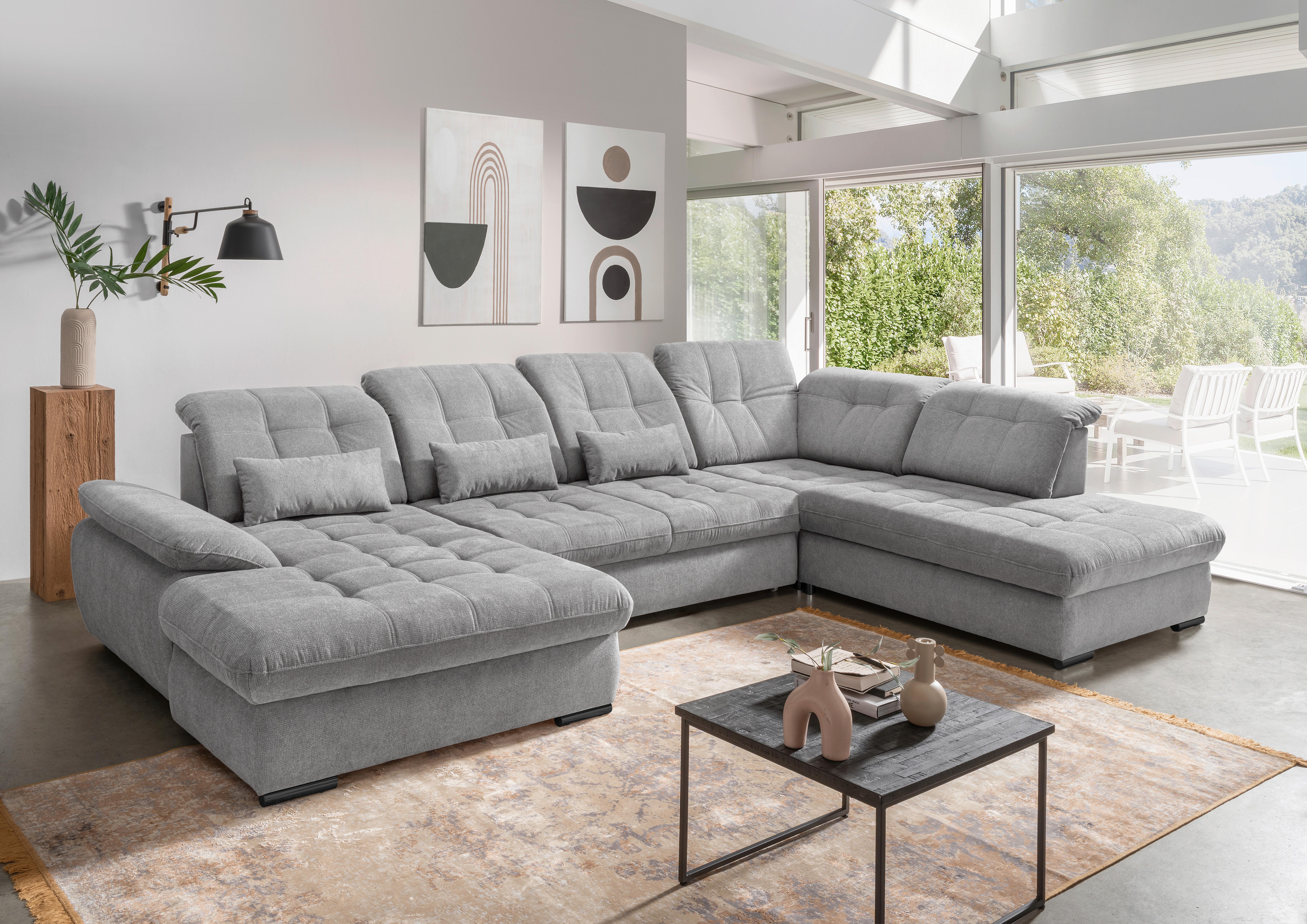 Wohnlandschaft mit Bettkasten Rigatti Silberfarben B: 387 cm - Silberfarben/Schwarz, MODERN, Textil (184/387/252cm) - Livetastic