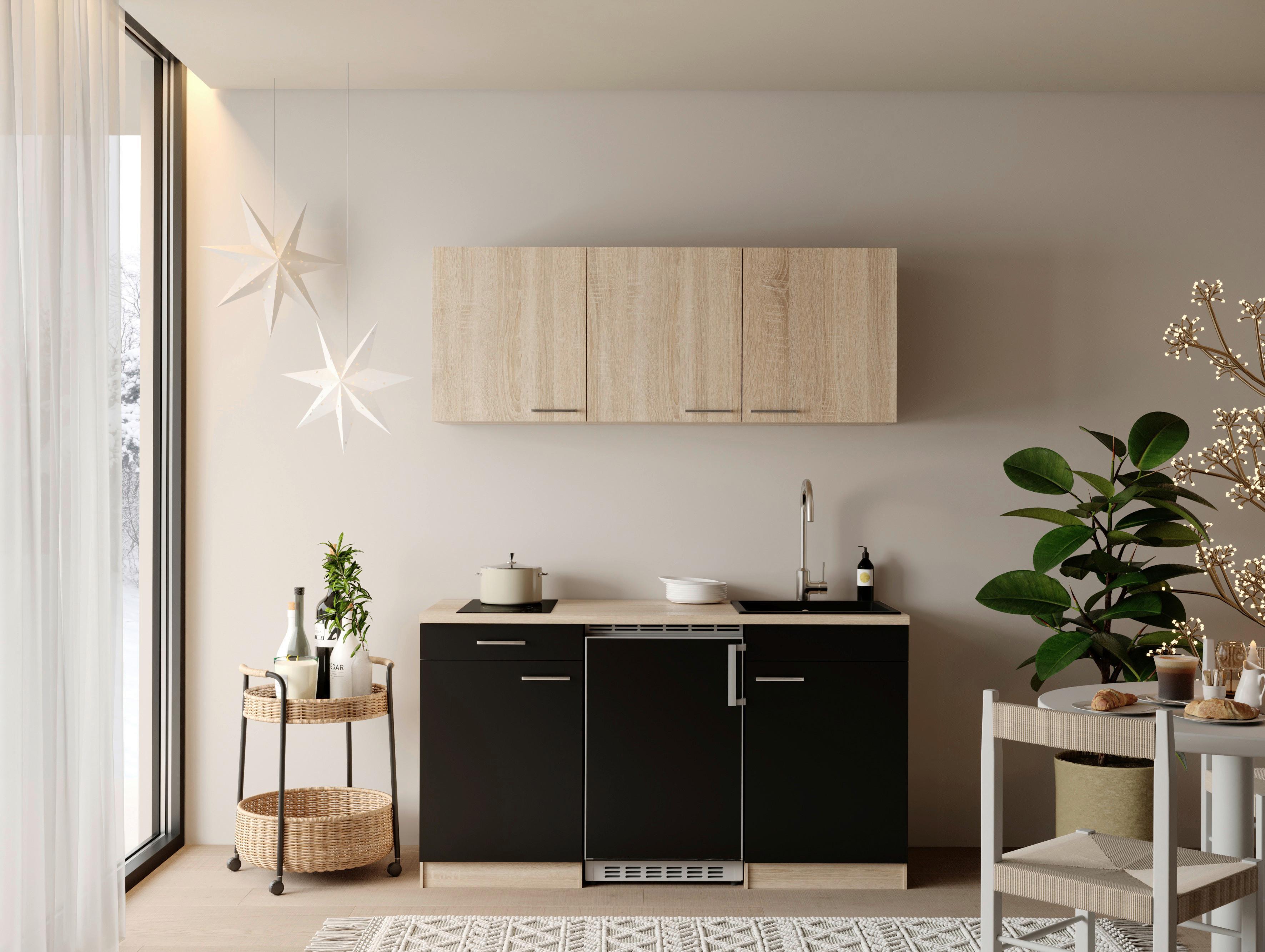 MINIKÜCHE Ingrid, Schwarz B: 150 cm - Eichefarben/Schwarz, Design, Holzwerkstoff (150cm) - Respekta