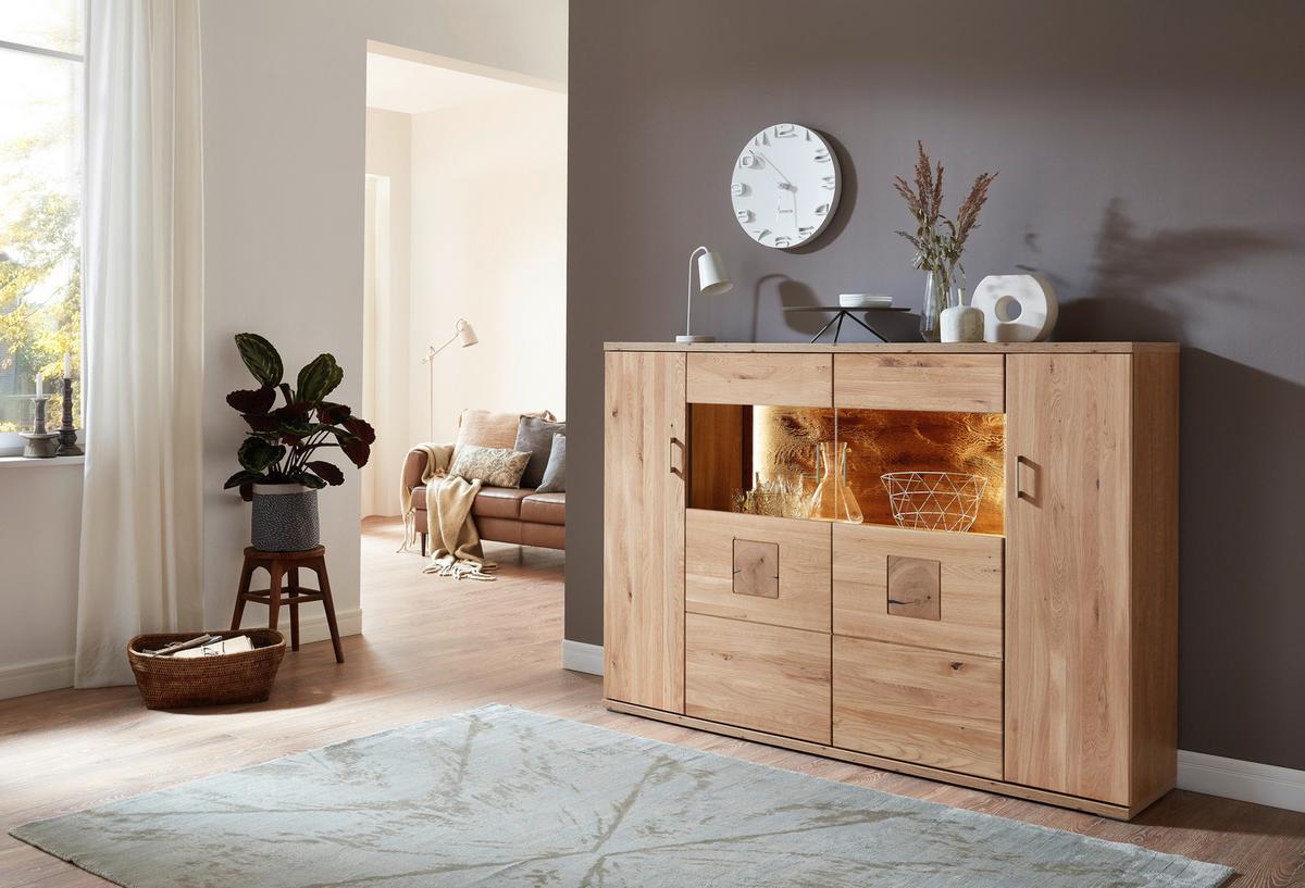 Highboard Kansas - Alteiche/Silberfarben, KONVENTIONELL, Glas/Holz (180/124,6/37,4cm) - Livetastic