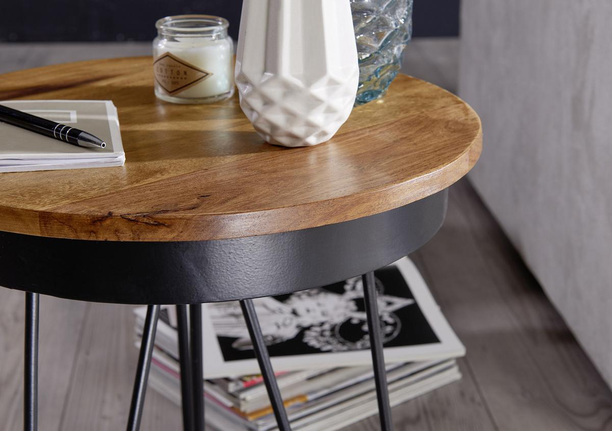 Beistelltisch mit Holzplatte Rund, Sheesham/Schwarz - Sheeshamfarben/Schwarz, Design, Holz/Metall (43/43/45cm) - MID.YOU