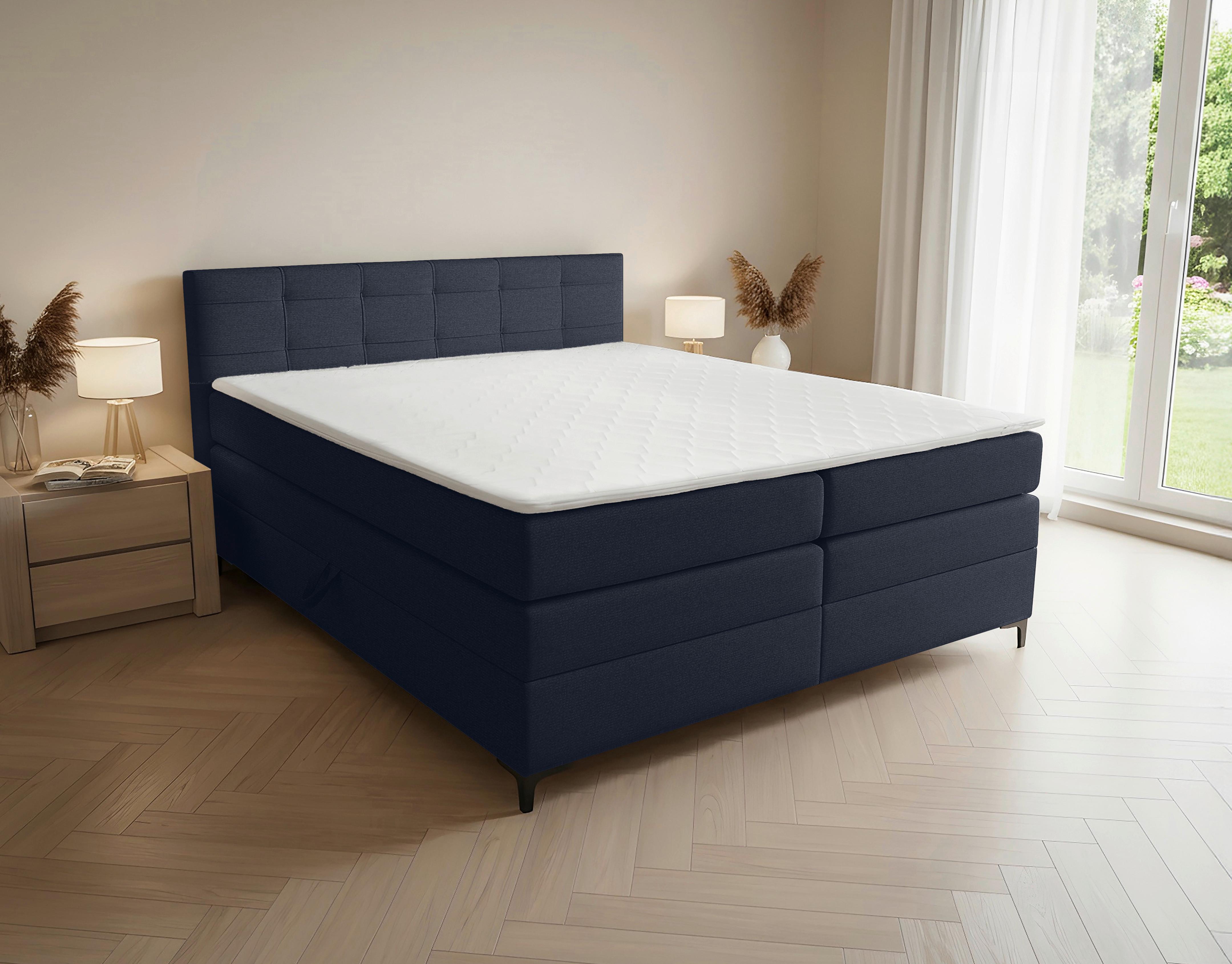 Boxspringbett Mitto mit Topper 200x200 cm - Schwarz/Dunkelblau, KONVENTIONELL, Textil/Metall (200/200cm)
