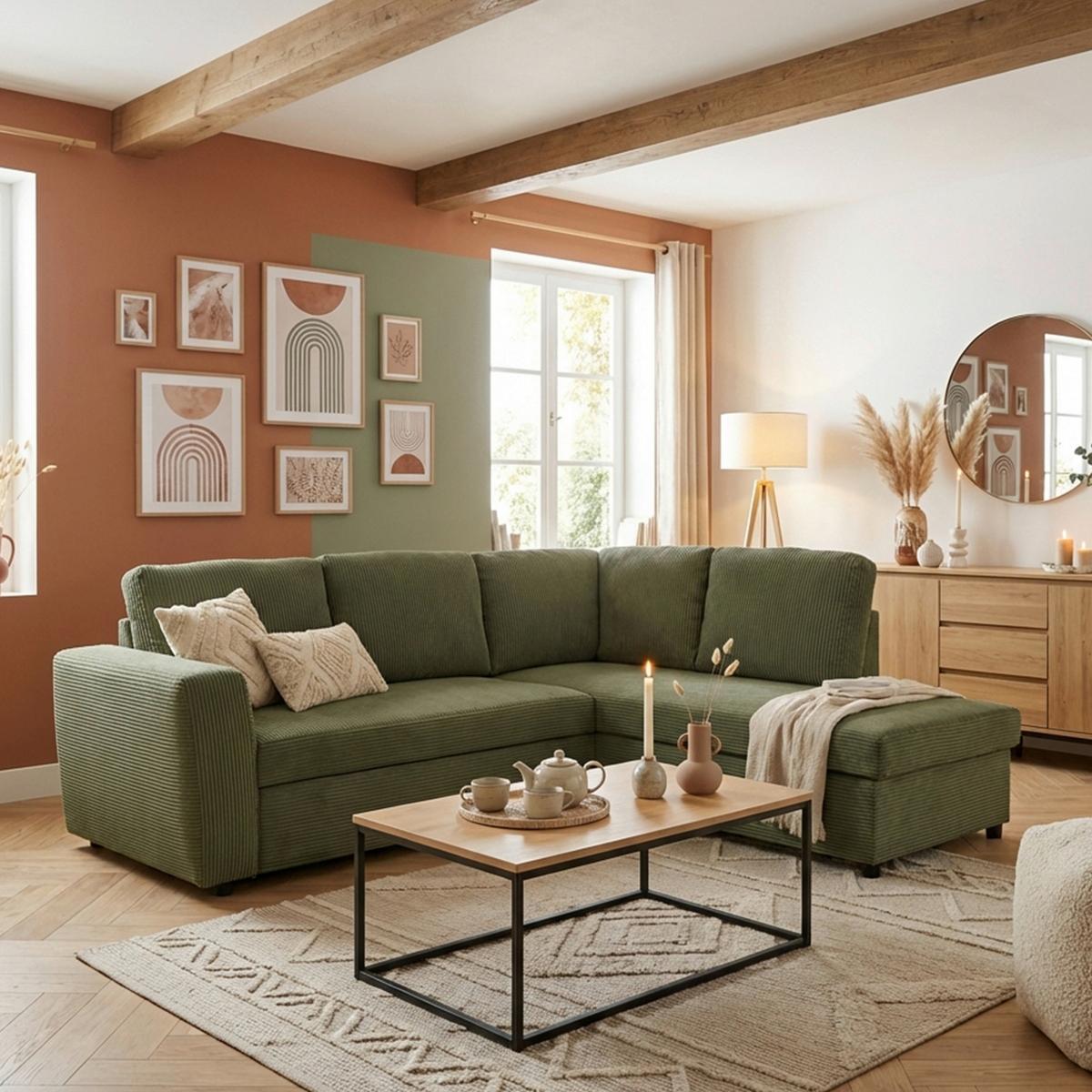 Ecksofa mit Schlaffunktion Toulouse Cord kaki, 224x206cm - Khaki/Schwarz, Trend, Holz/Holzwerkstoff (224/206cm)