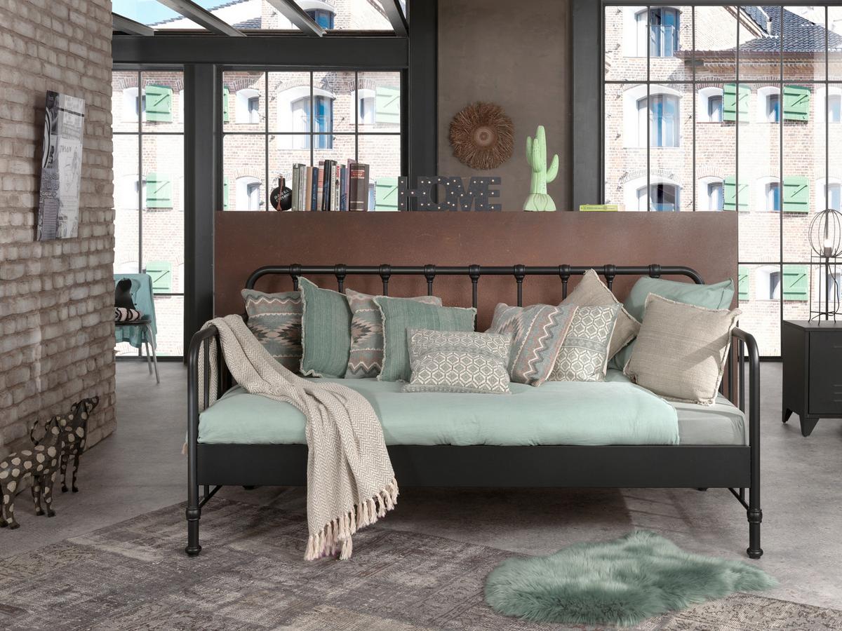 Kinderbett Bronxx 90x200 Cm Eisen Schwarz Mit Rückenlehne - Schwarz, MODERN, Holz/Metall (90/200cm) - Vipack