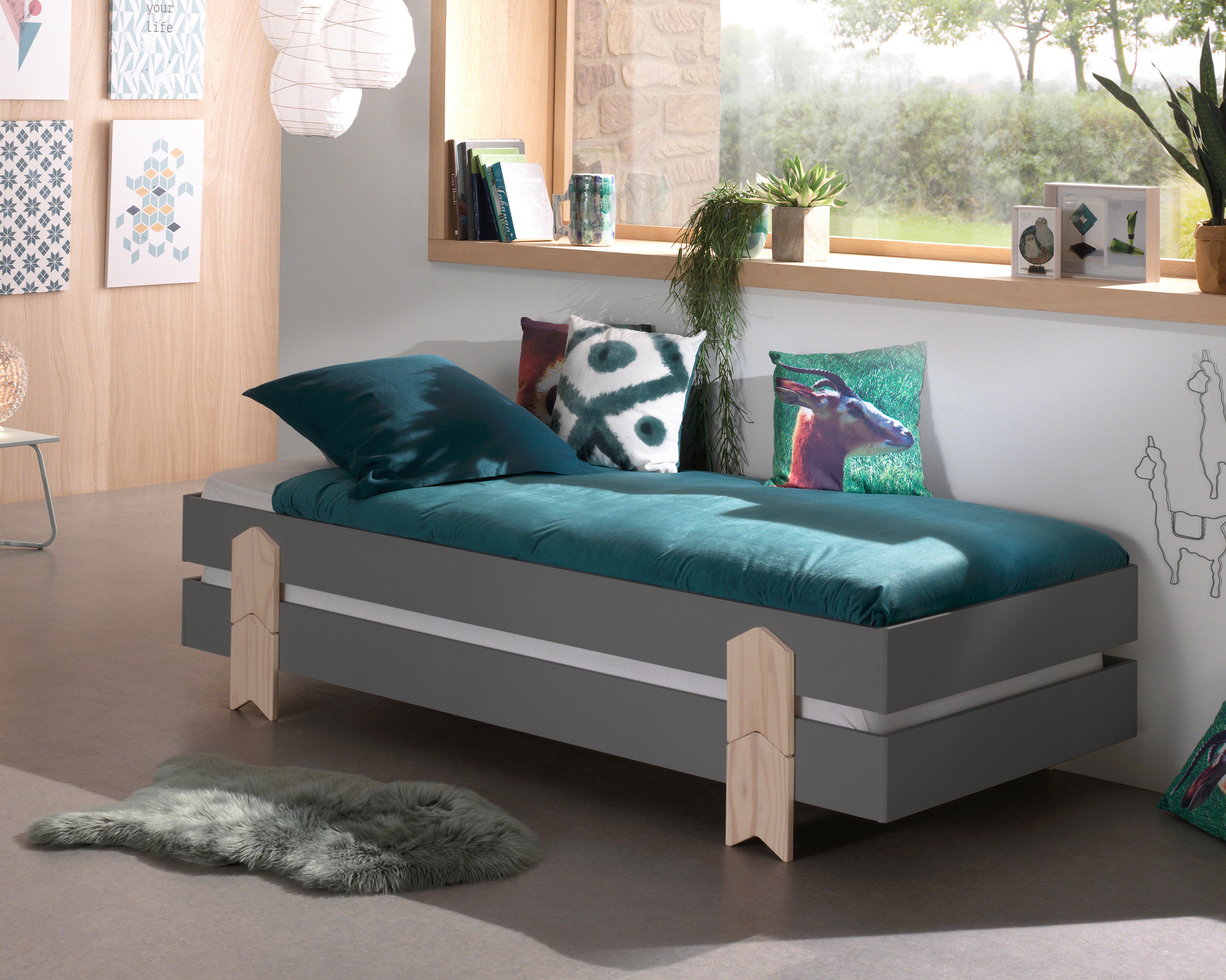 Stapelbett + Lattenrost 90x200 cm Modulo Kiefer massiv/Grau - Kieferfarben/Grau, MODERN, Holz/Holzwerkstoff (90/200cm) - Vipack