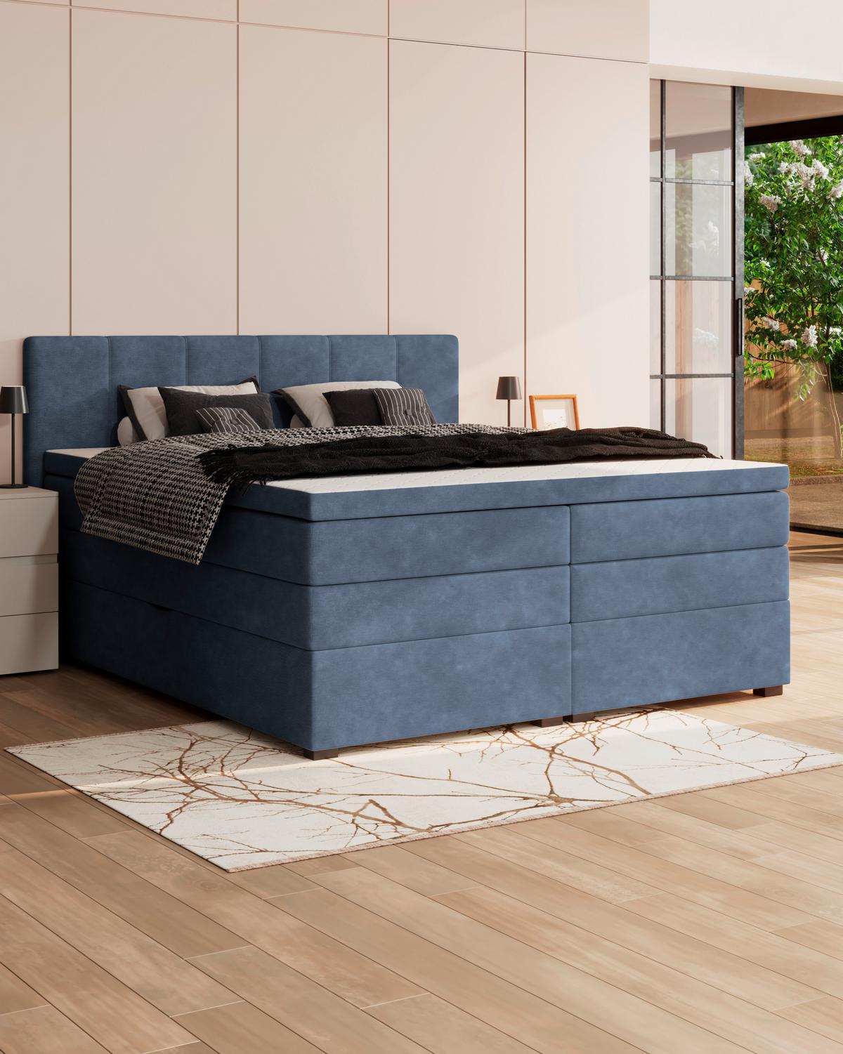 Boxspringbett mit Topper & Bettkasten 200x200 Lauro - Blau/Schwarz, Trend, Textil (200/200cm)