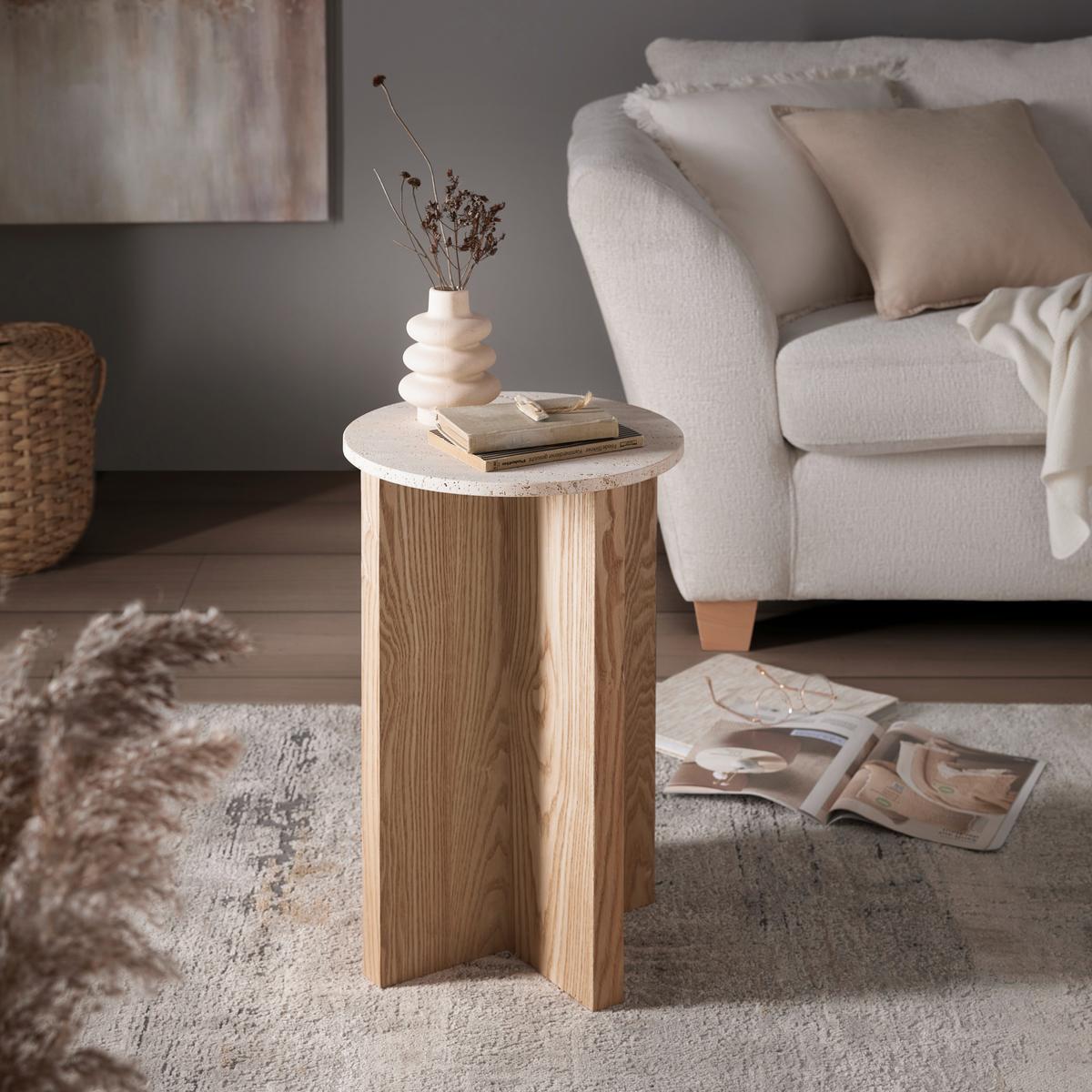 Príručný stolík MATERA p. 34 cm - prírodná farba, Modern, kompozitné drevo/kameň (34/54cm) - Premium Living