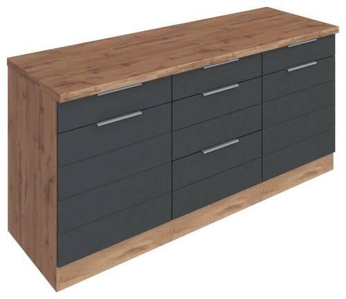 Unterschrank in Eiche Dekor und Grau mit chromfarbenen Griffleisten