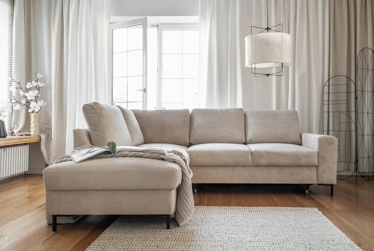 Sedačka LEONIE L, ľavá, béžový menčester - čierna/béžová, Design, kov/drevo (197/237cm)
