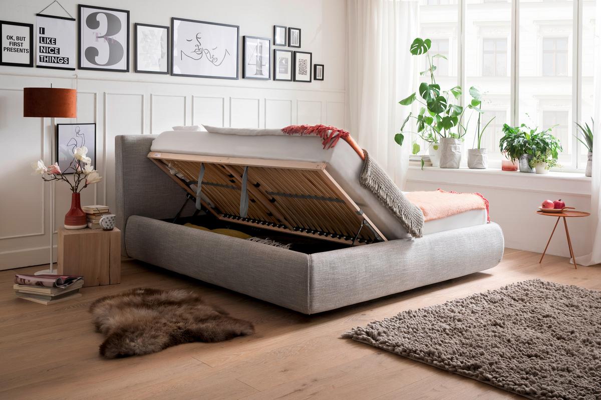 Polsterbett Mit Lattenrost + Bettkasten 180x200 Atesio - Hellgrau/Naturfarben, MODERN, Holz/Textil (180/200cm) - Livetastic