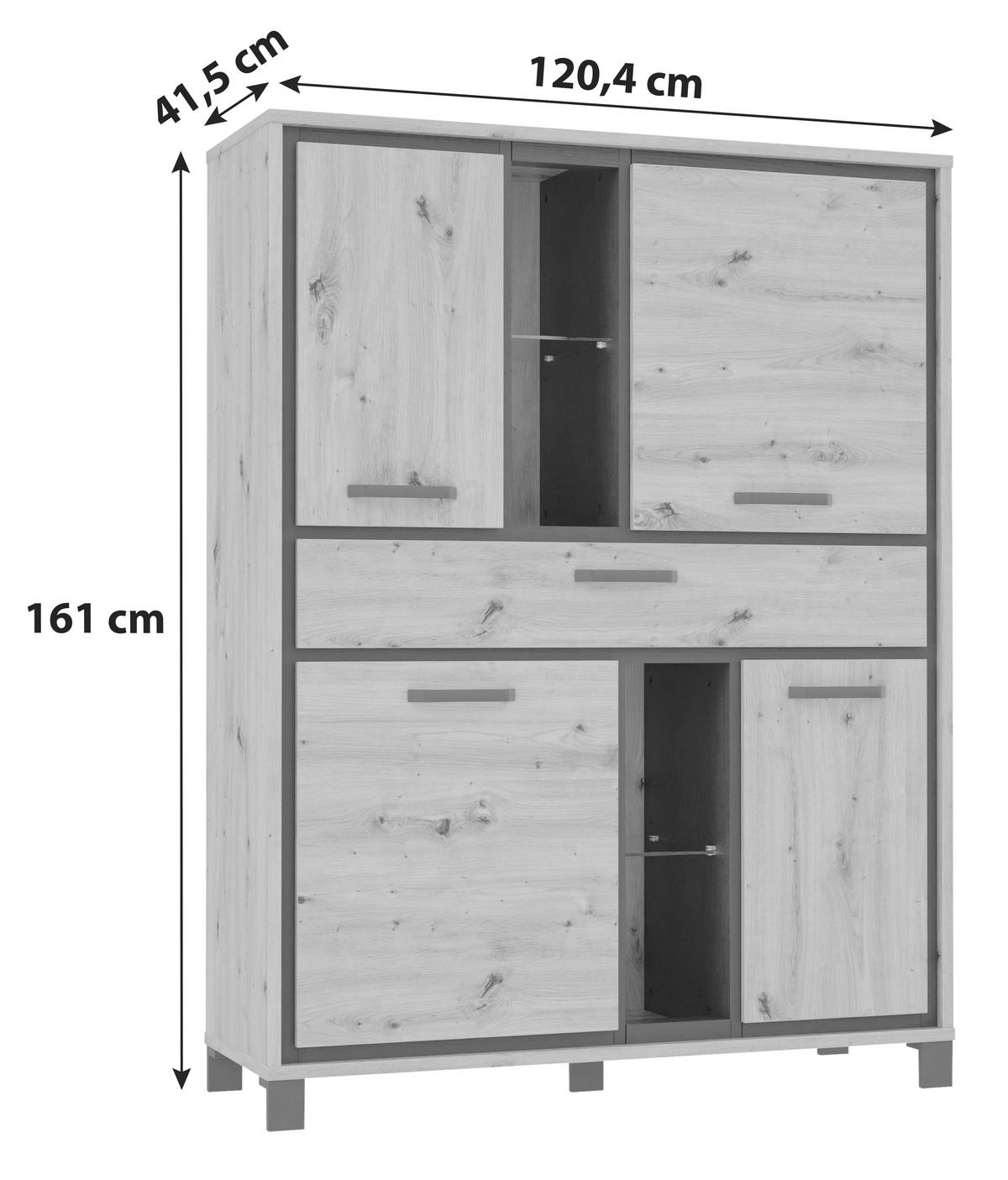 Highboard B: 120,4cm Trondheim Artisan Eiche Dekor/ Schwarz - Eichefarben/Schwarz, Basics, Glas/Holzwerkstoff (120,4/161/41,5cm) - Livetastic