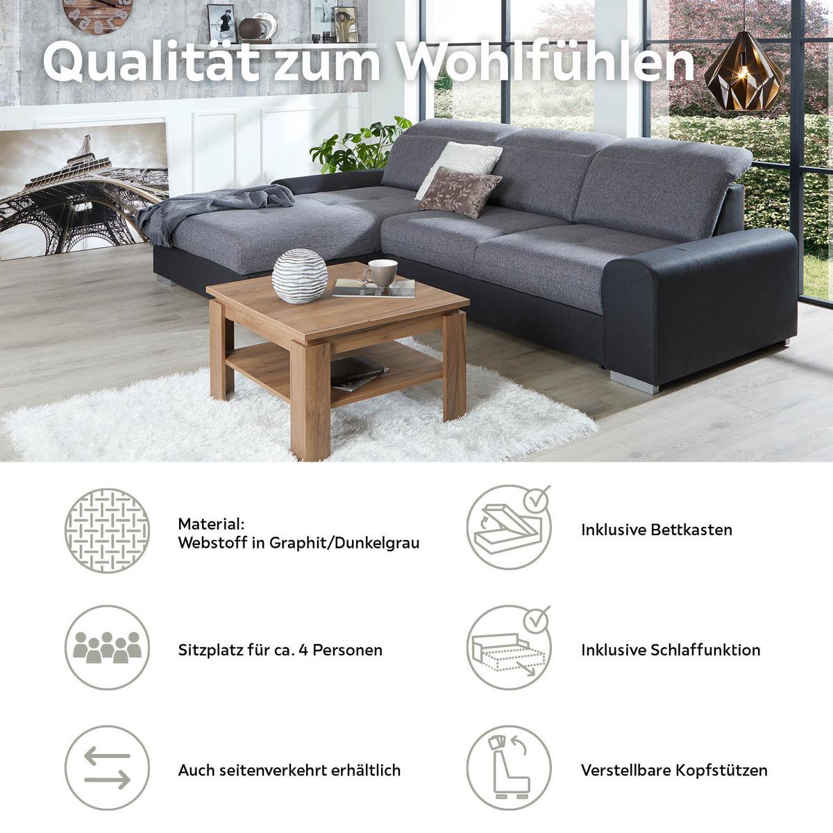 Ecksofa Mit Schlaffunktion + Bettkasten Malaga, Webstoff - Silberfarben/Graphitfarben, KONVENTIONELL, Textil (203/286cm) - Ondega