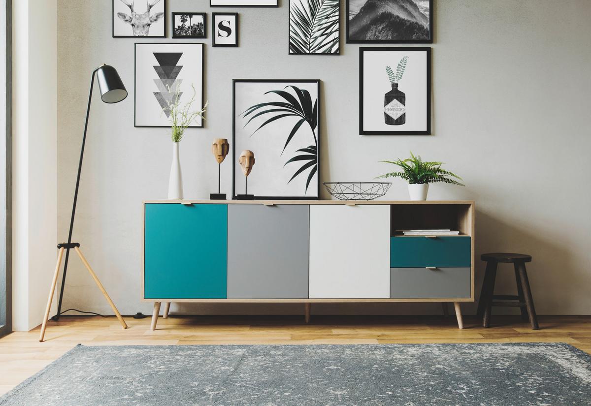 Sideboard Dekor 180 Cm Cube 56-Trend, Eiche/farbig - Eichefarben/Petrol, Trend, Holzwerkstoff (180/71/40cm) - MID.YOU