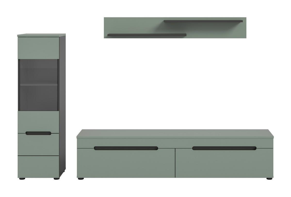WOHNWAND Canu Graugrün B: 221cm - Schwarz/Grasgrün, Design, Holzwerkstoff (221/141/33cm) - Livetastic
