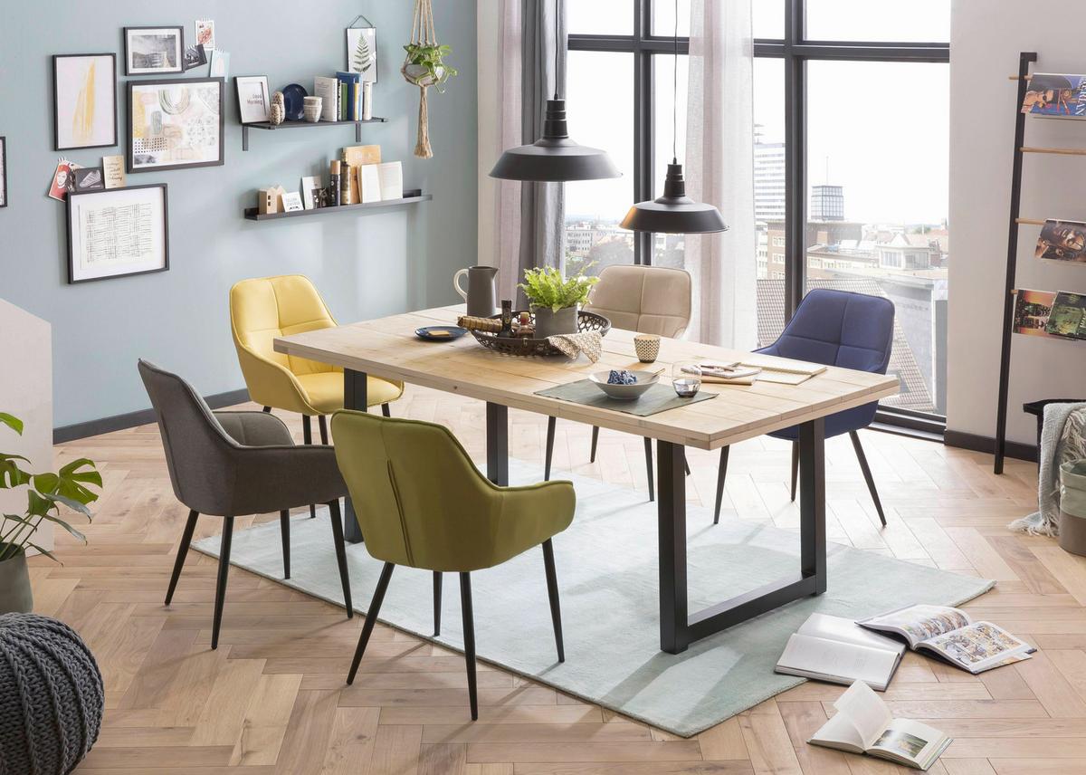 Armlehnstuhl Leinen Blau, B: 55cm - Blau/Schwarz, Design, Textil/Metall (55/86/46cm) - Livetastic