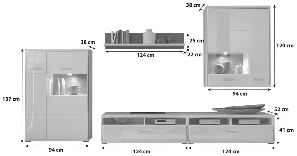 Wohnkombination 5-tlg. Trento Grau/silbern/weiß - Weiß Hochglanz/Silberfarben, Design, Glas/Holzwerkstoff (351/201/52cm) - Livetastic
