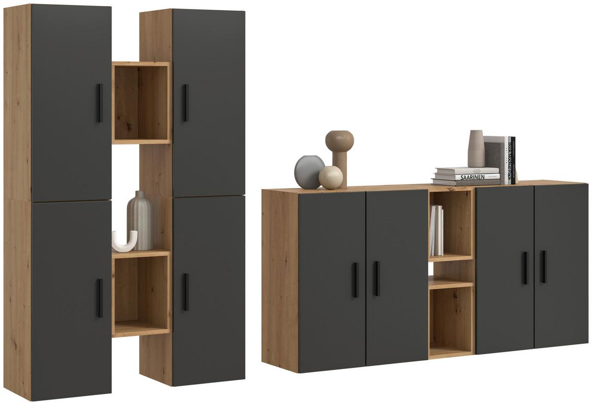 Wohnwand, The One 5, B: 270 cm Grau/Artisan Eiche Dekor - Schwarz/Eiche Artisan, Trend, Holzwerkstoff (270/182/34cm)