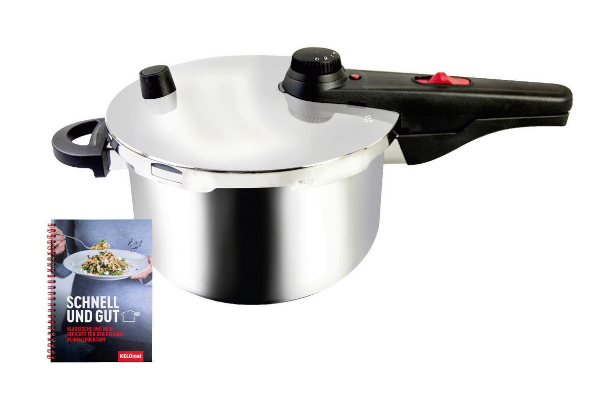 Kelomat Schnellkochtopf 4,5 L Edelstahl Induktion + Kochbuch - Silberfarben, Basics, Metall (22cm) - Kelomat