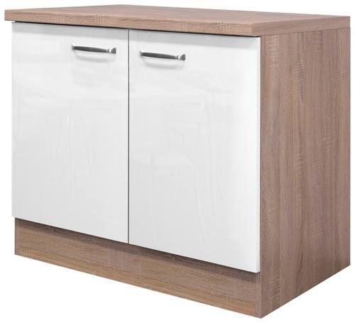 Kuchynská skrinka Venezia- Valero dvojdverová 100cm - biela s vysokým leskom/farba ušľachtilej ocele, Modern, kov/kompozitné drevo (100/86/60cm) - FlexWell