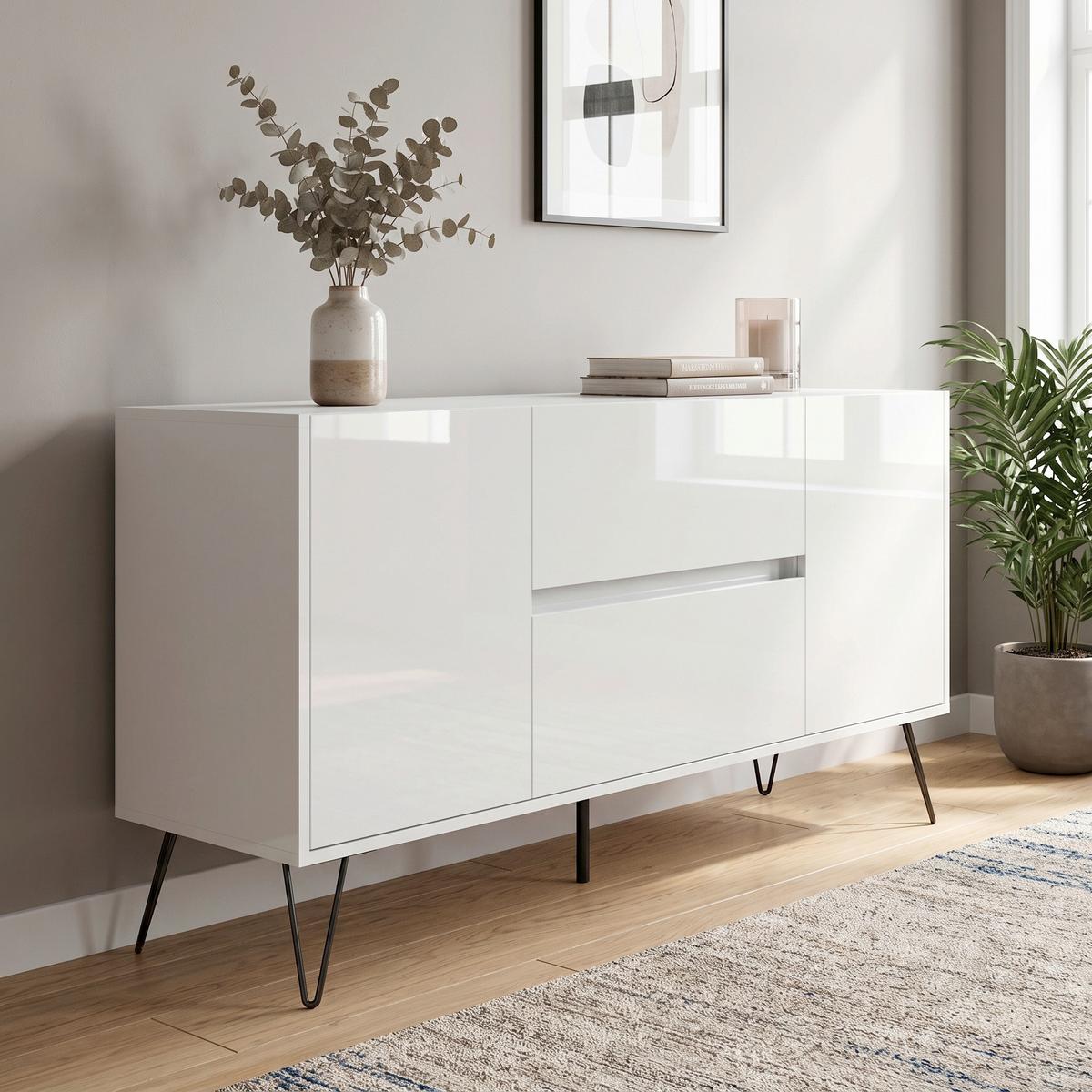 Sideboard Posseik Industrial Weiß B: 139 cm - Weiß Hochglanz/Schwarz, Design, Holzwerkstoff (139/75,8/42cm) - MID.YOU