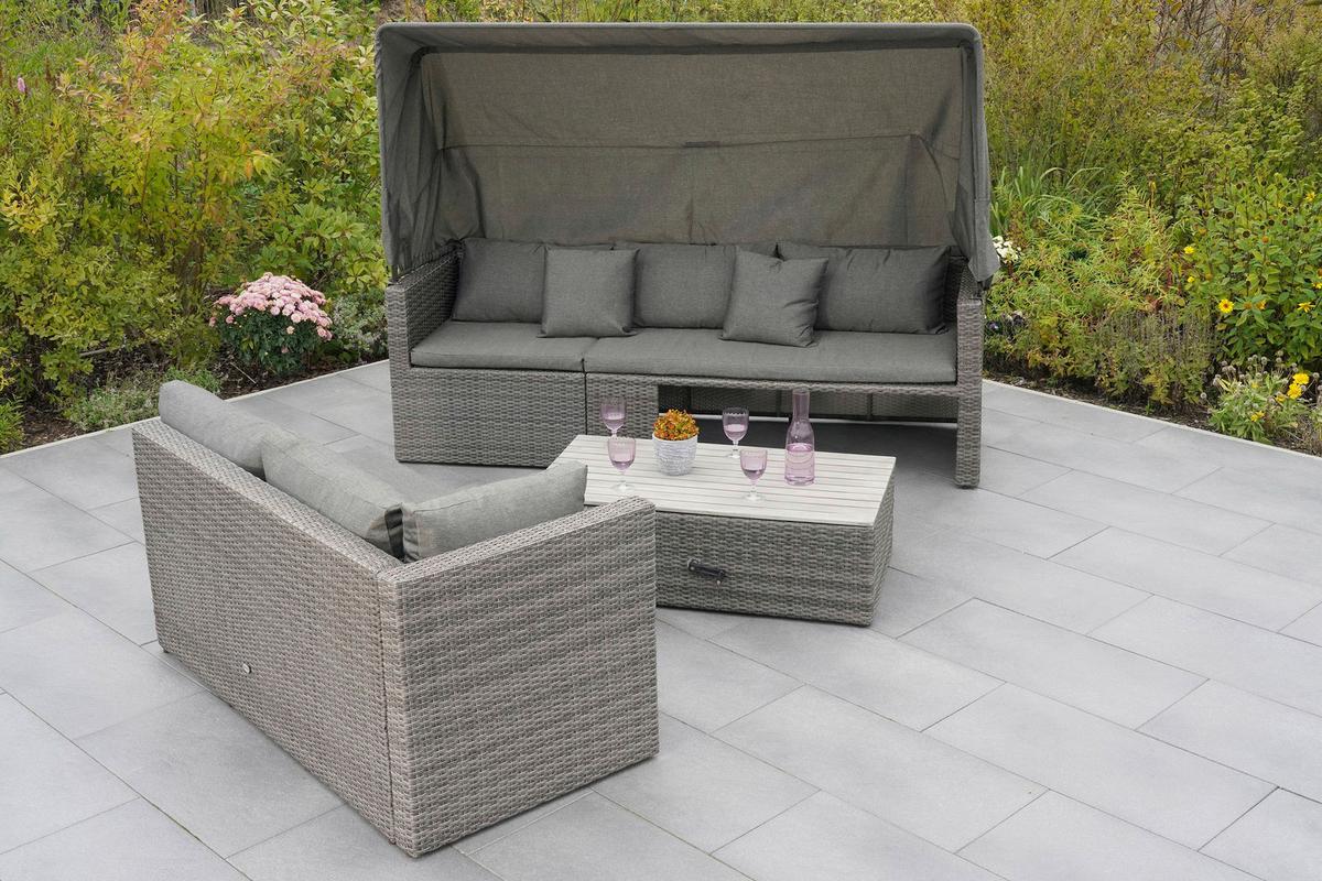 Loungegarnitur 3-tlg. Sanmarco Holz/metall/textil Mit Kissen - Hellgrau/Grau, KONVENTIONELL, Holz/Kunststoff (250/150/168cm) - Gardenson