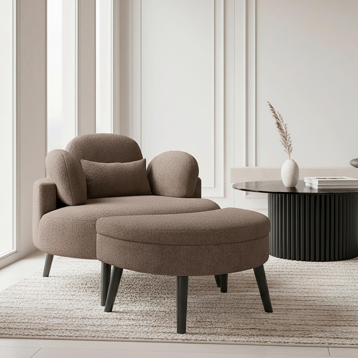 Křeslo s taburetem BIANCA, hnědá žinylka, max. 150 kg - přírodní barvy/hnědá, Moderní, dřevo/textil (111/69/152cm) - Bessagi Home