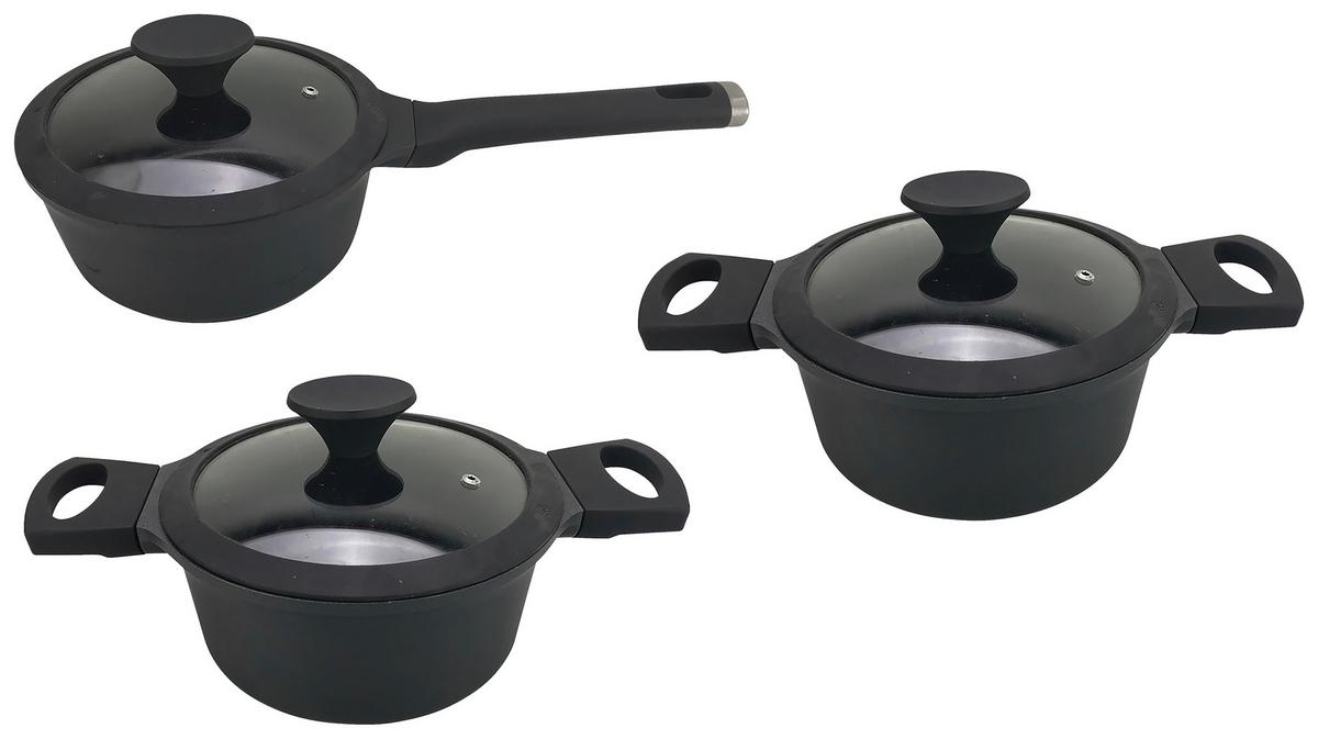 Sada hrnců 3 hrnce + 3 poklice - černá/čiré, Konvenční, kov/plast - Gourmesto