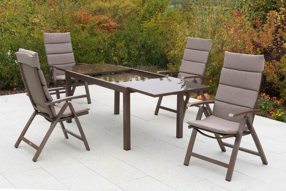 Gartentischgruppe Tinetto 5-Tlg. Aus Aluminium +auflagen - Taupe/Braun, KONVENTIONELL, Glas/Textil - Gardenson