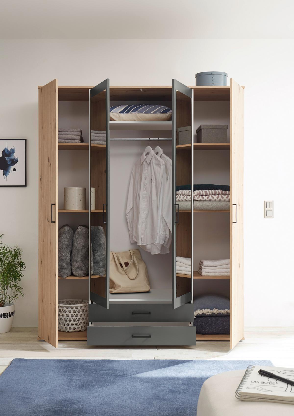 Drehtürenschrank Mit Spiegel 159 cm Chicago, Eiche Dekor - Eichefarben/Anthrazit, Basics, Glas/Holzwerkstoff (159/196/53,5cm) - MID.YOU