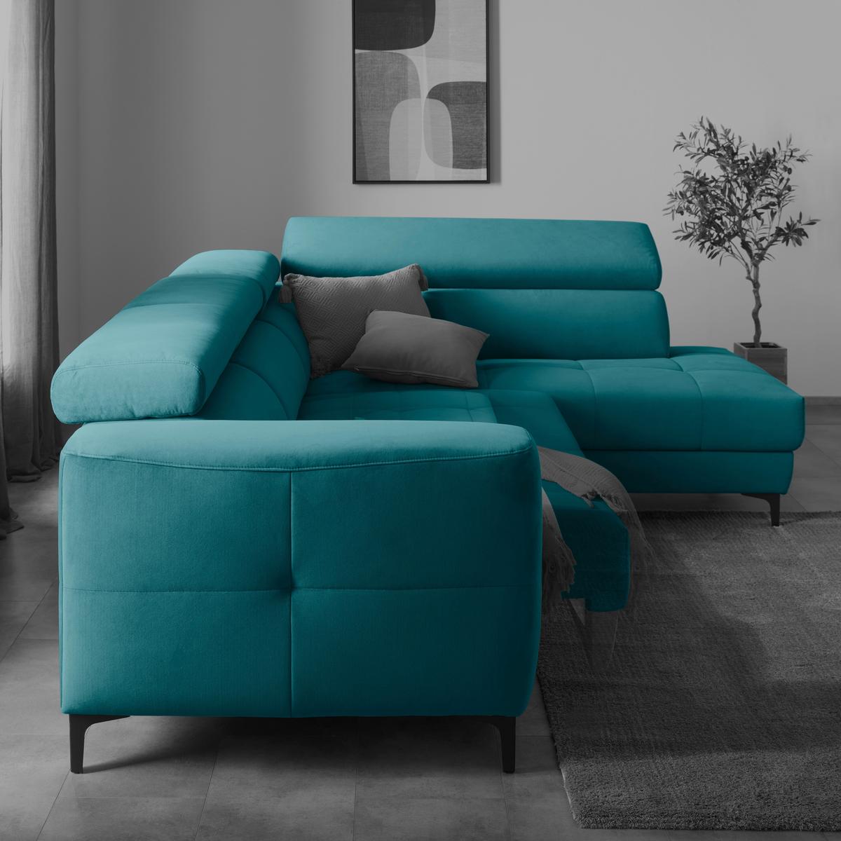 Rohová sedačka EMMA, pravá, petrolej.,op.hl.,USB,el.výsuv - petrolej/černá, Moderní, textil (301/210cm) - Premium Living