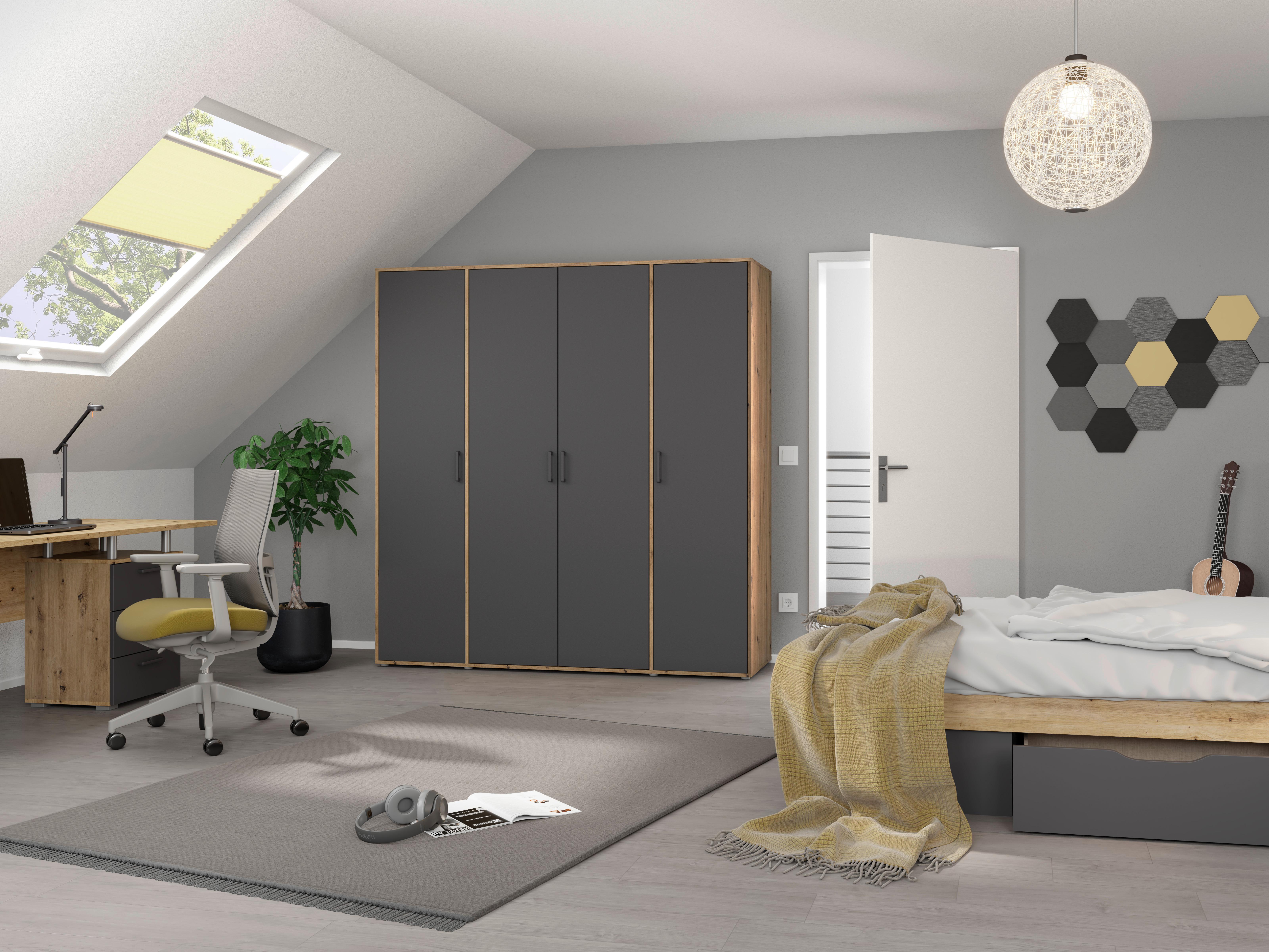 Drehtürenschrank Voyager Eiche Artisan,grau B: 187 cm - Eiche Artisan/Grau, MODERN, Holzwerkstoff (187/194/53cm) - Rauch Möbel